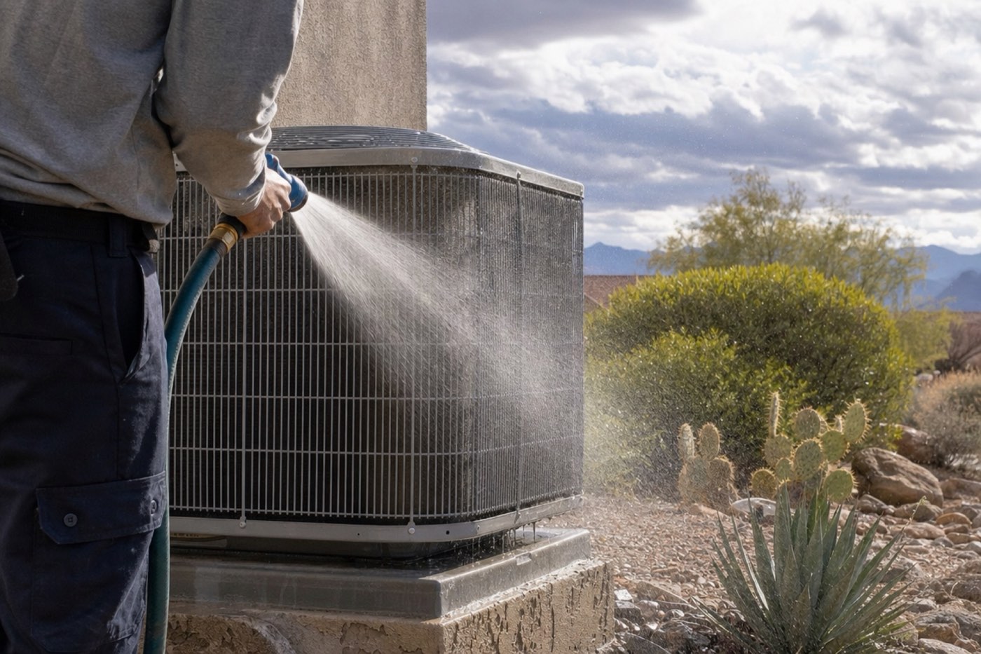 Rinsing dust off an outdoor AC coil with a garden hose