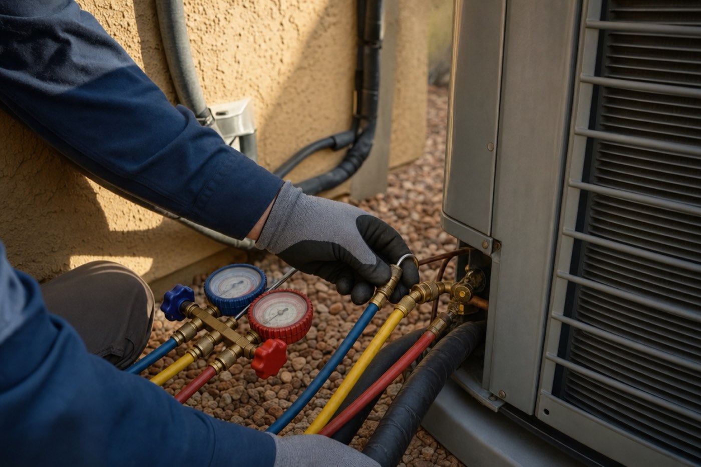 Technician's gloved hands connecting refrigerant gauges to an outdoor AC unit