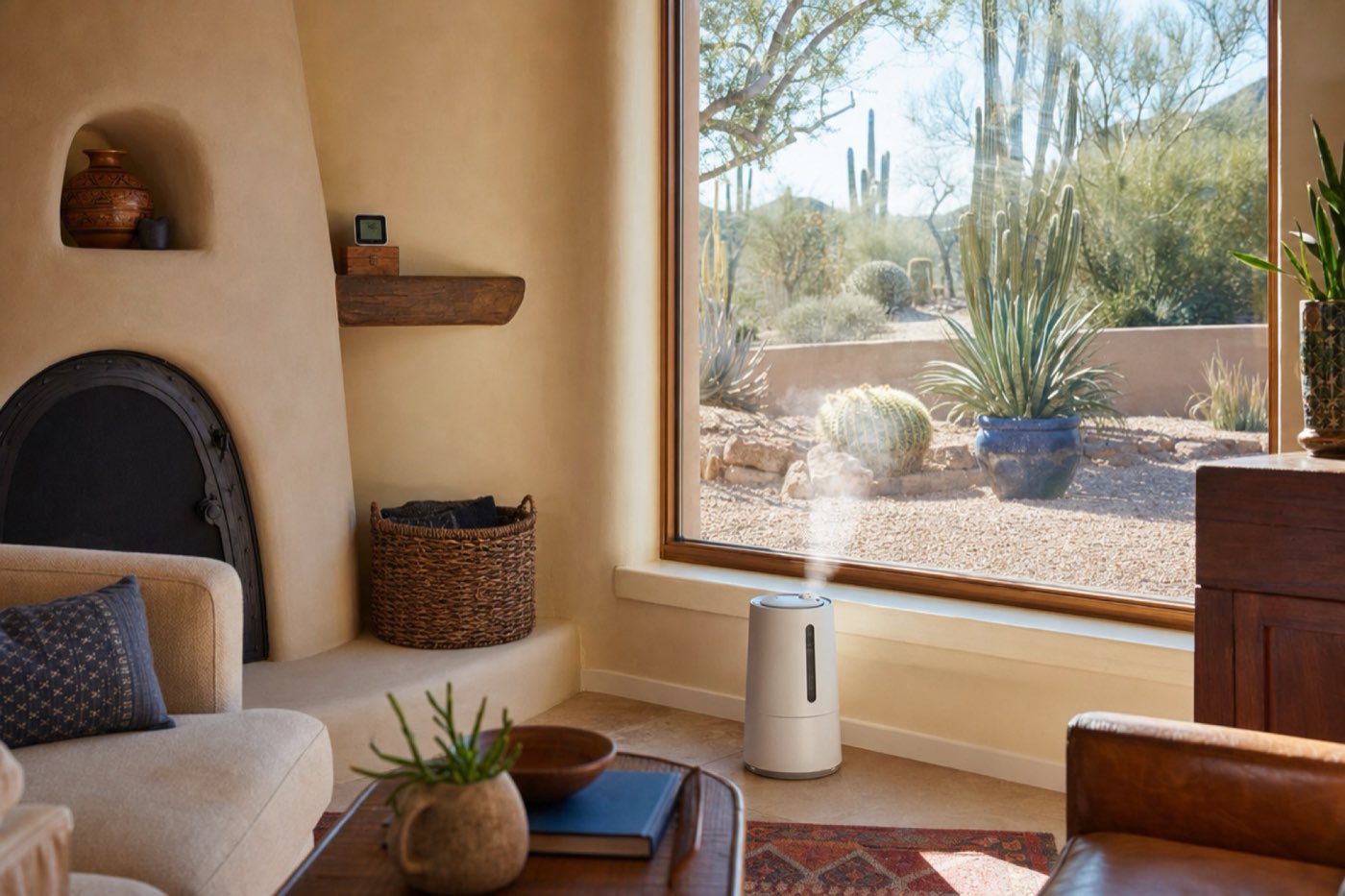 Humidity gauge on a shelf by a window in a Tucson home with a humidifier nearby