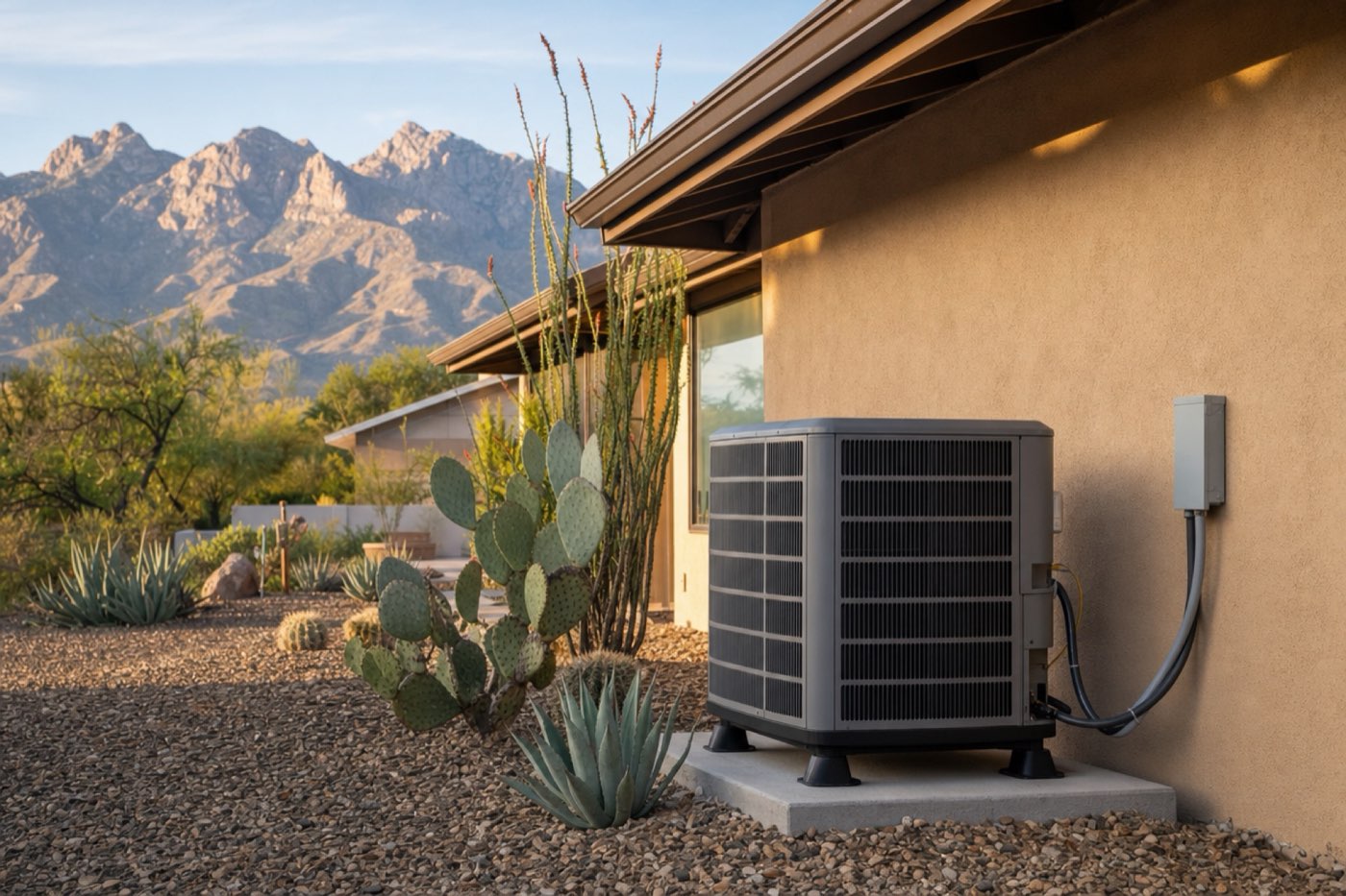 Outdoor heat pump unit beside a stucco home with desert landscaping in Tucson, Arizona
