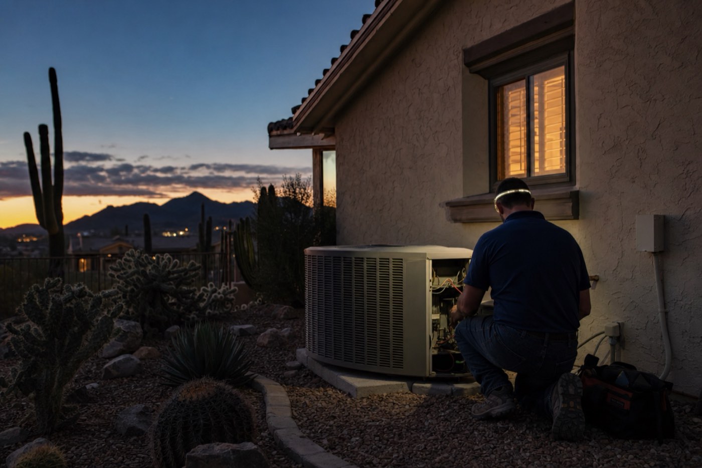 Technician with a headlamp checking an outdoor AC unit at dusk