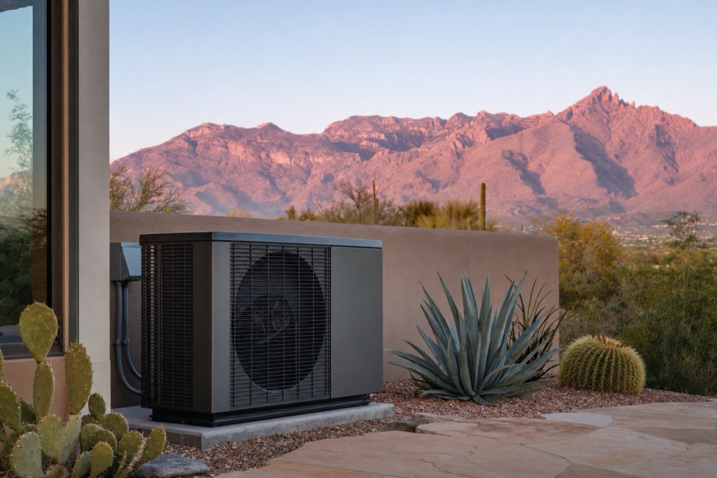 Heat pump outdoor unit beside an adobe wall on a winter morning