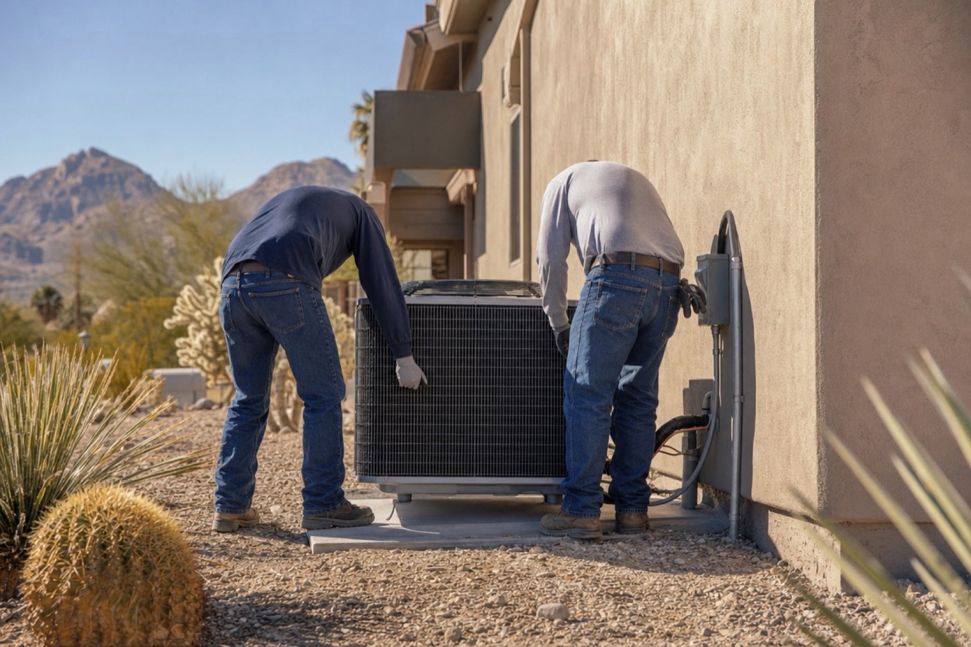 Two installers setting a new AC condenser on a concrete pad beside a Tucson home