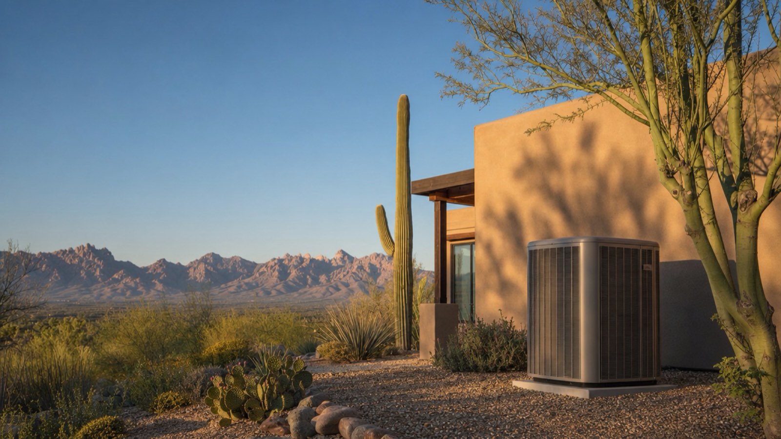 Central AC condenser beside a stucco home in Tucson with a saguaro and the Santa Catalina Mountains