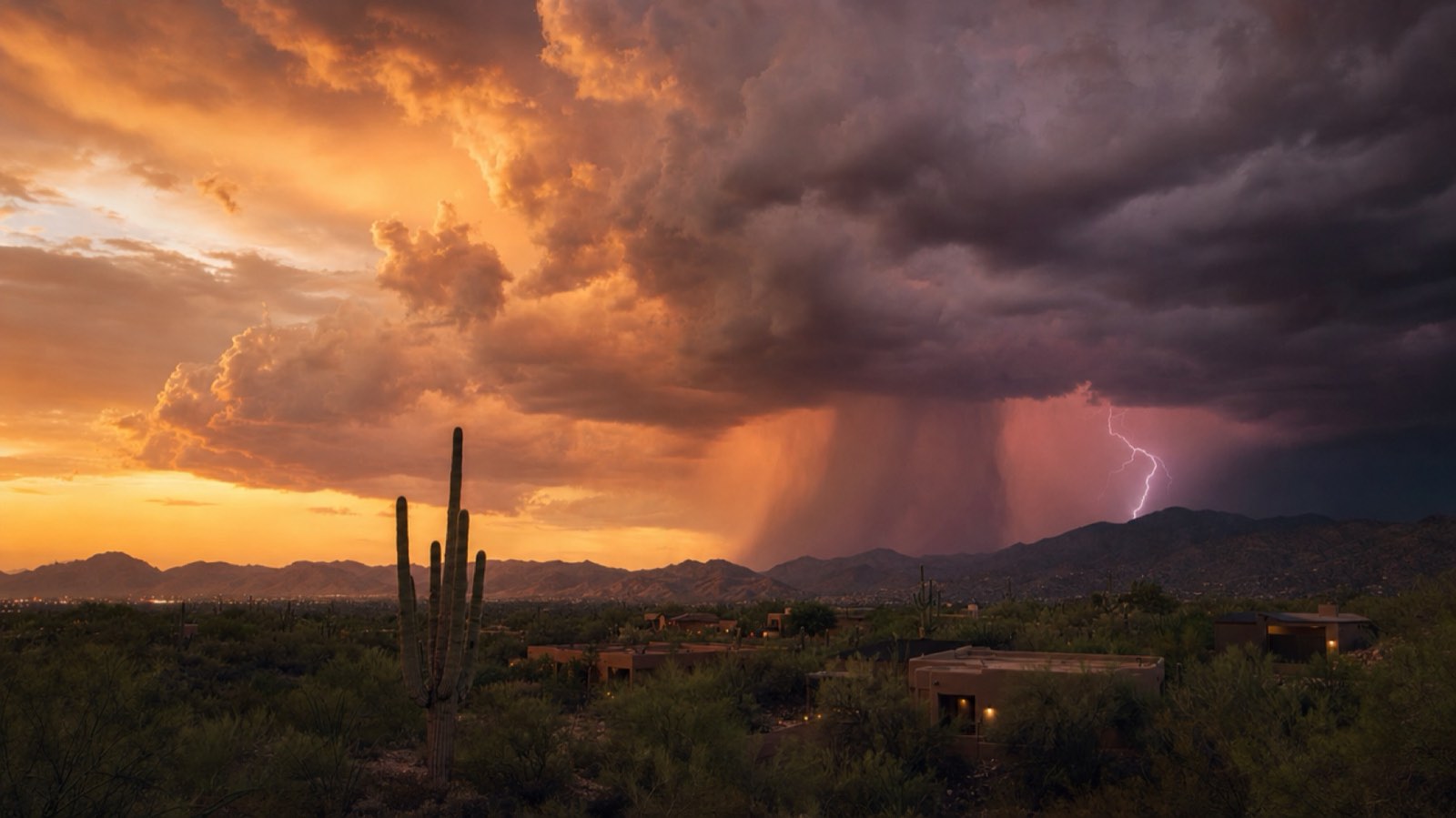 Monsoon storm clouds over the Tucson foothills at dusk